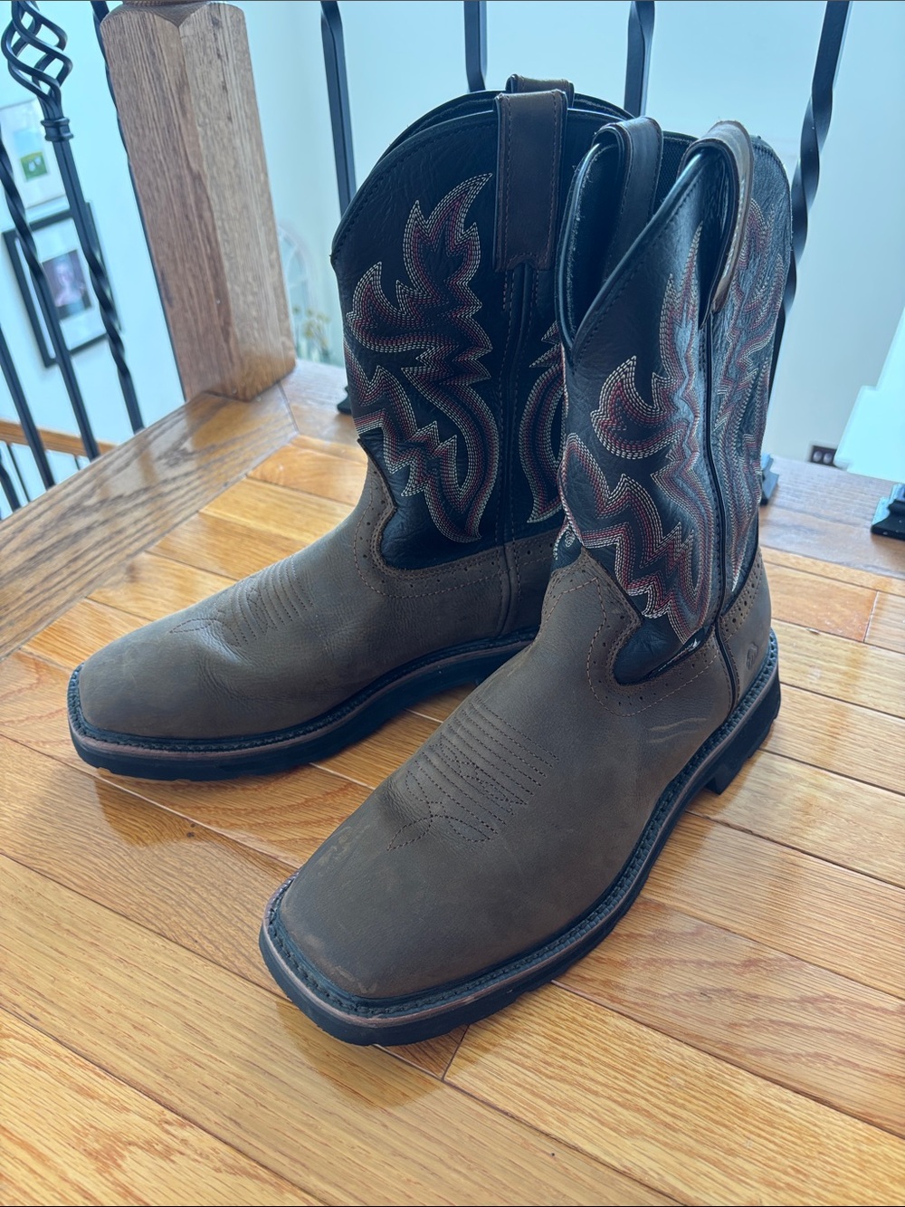 Wolverine Brown Leather Western Work Boots with Embroidered Black Shaft